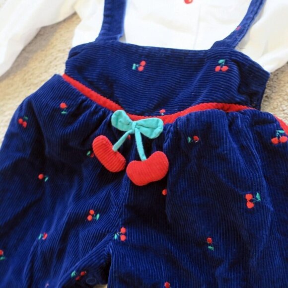 Vintage 80s Overalls Jumpsuit Girls Romper & Shirt Navy Corduroy Cherries 24M - Picture 2 of 8